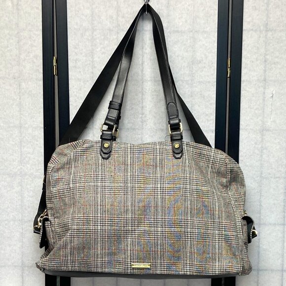 Madden Girl Convertible Large Plaid Duffle Weekender Travel Bag Black White Red